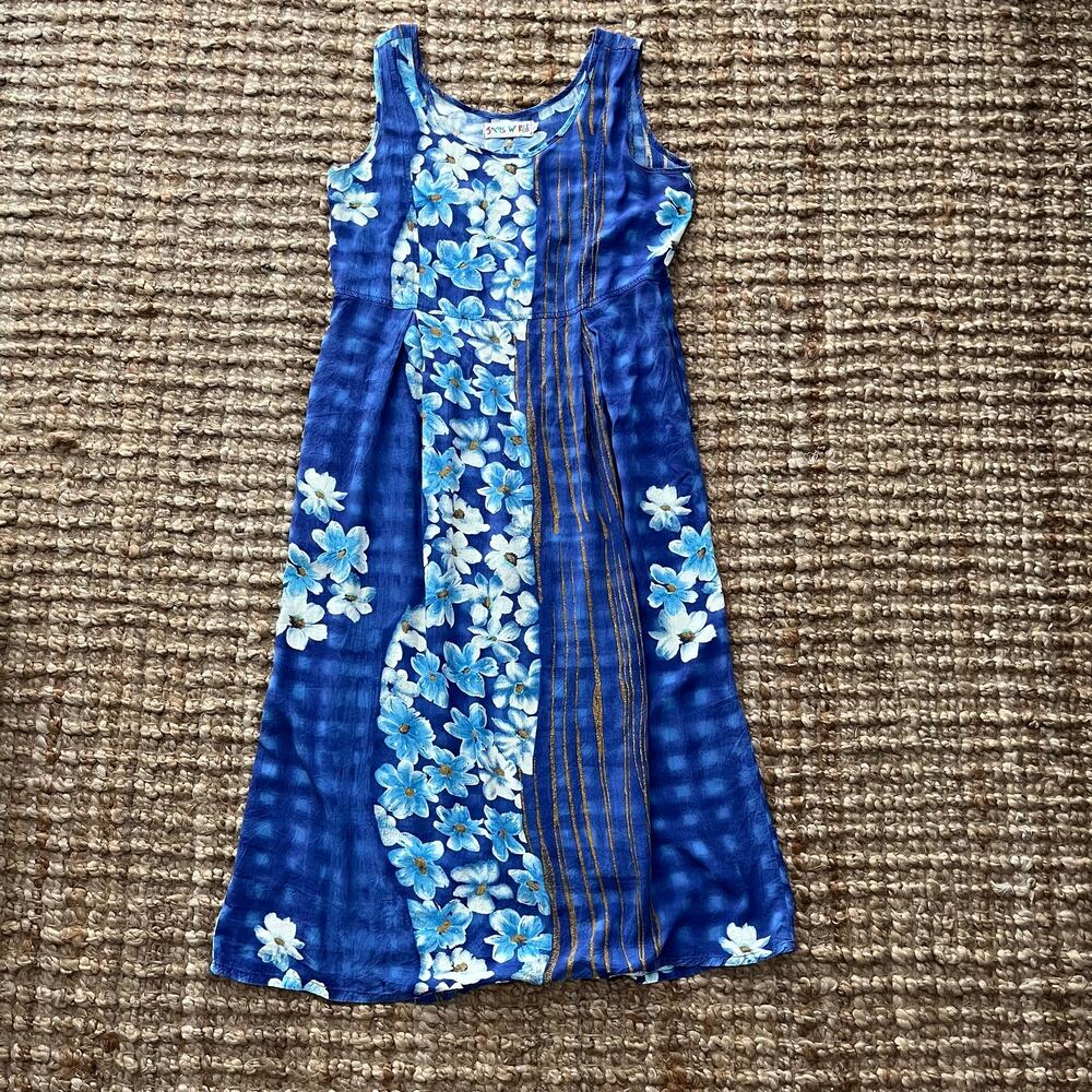 Vintage 90s Jams World Blumeria Floral Midi Dress S Blue Rayon Pockets Hawaiian